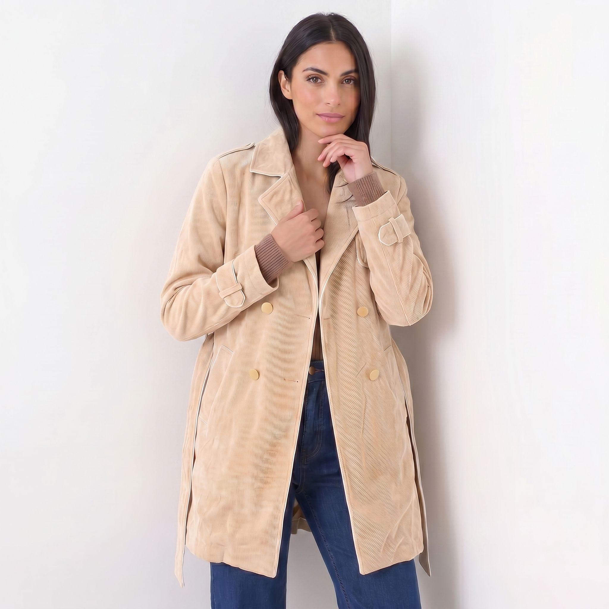 Abrigo Trench Mujer Cotelé Camel Con Botones-5