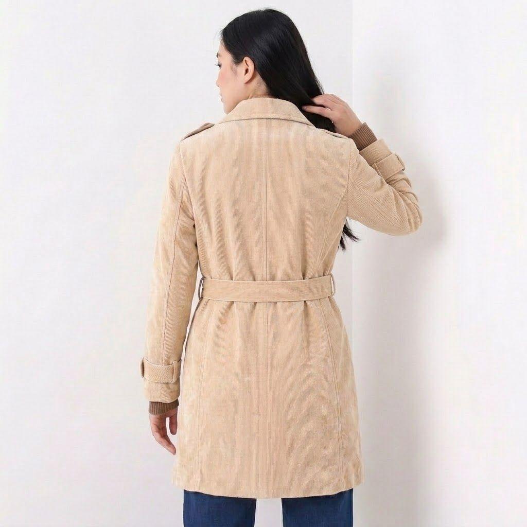 Abrigo Trench Mujer Cotelé Camel Con Botones-6