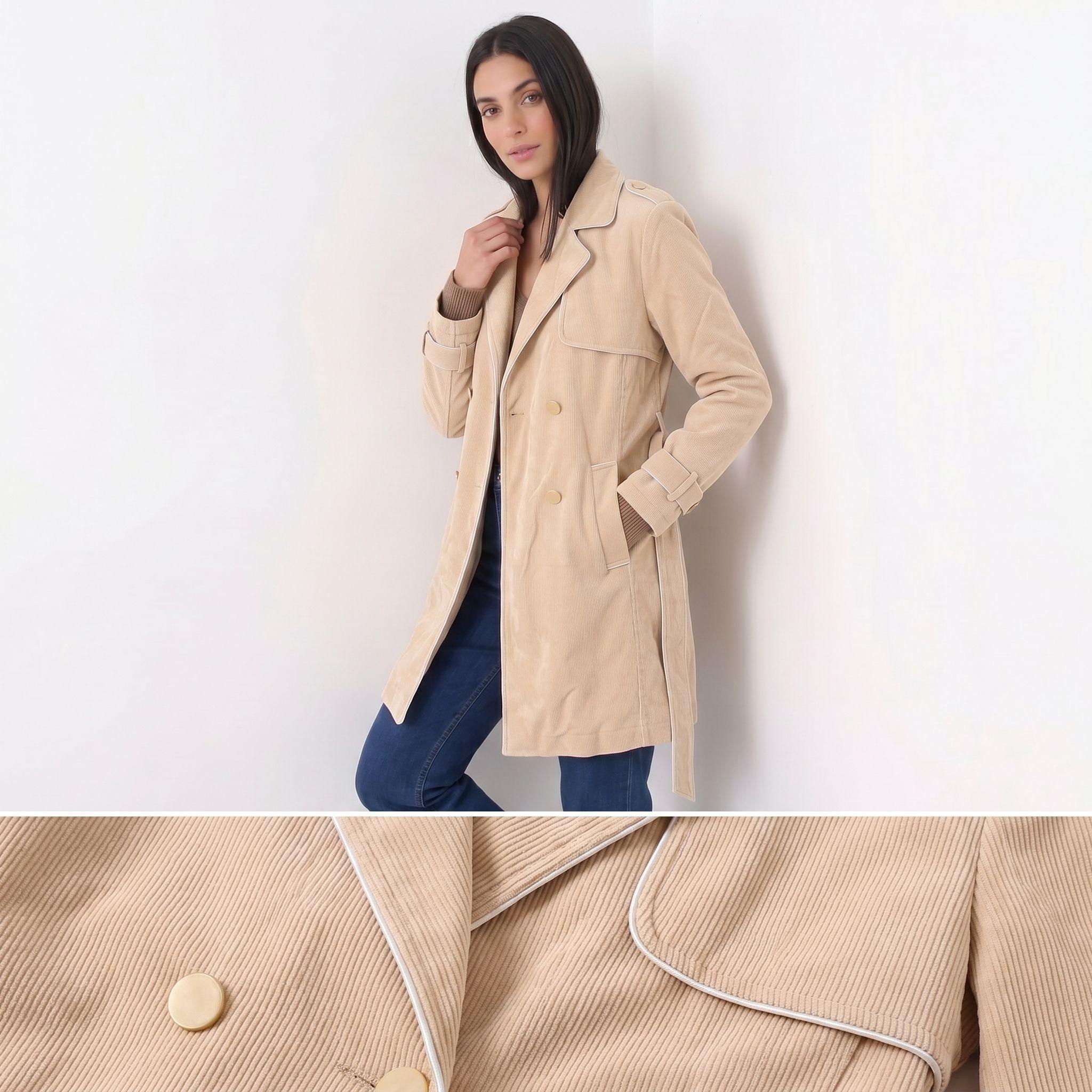 Abrigo Trench Mujer Cotelé Camel Con Botones-7