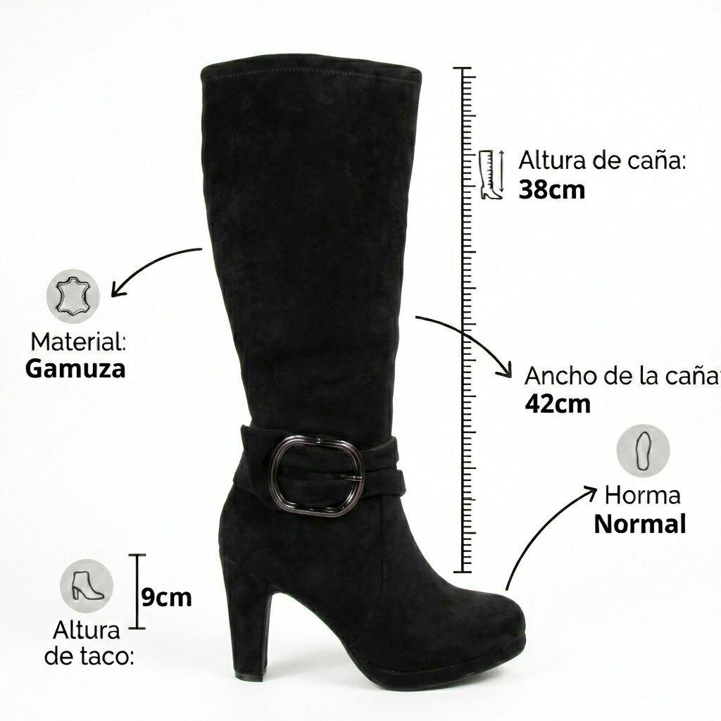 Bota Larga Mujer Gamuza Taco Grueso Plataforma Hebilla-6