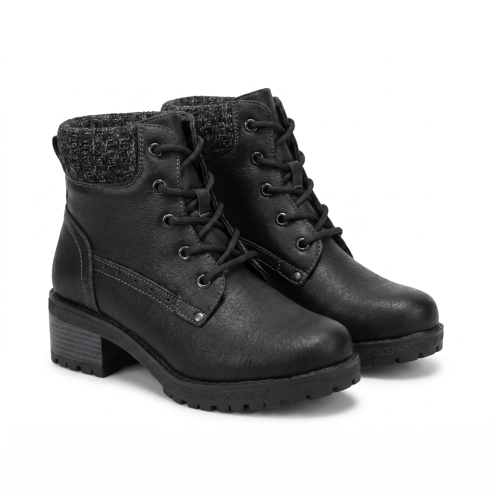 Botín Mujer Negro Cordones Suela Track Detalle Tejido-5