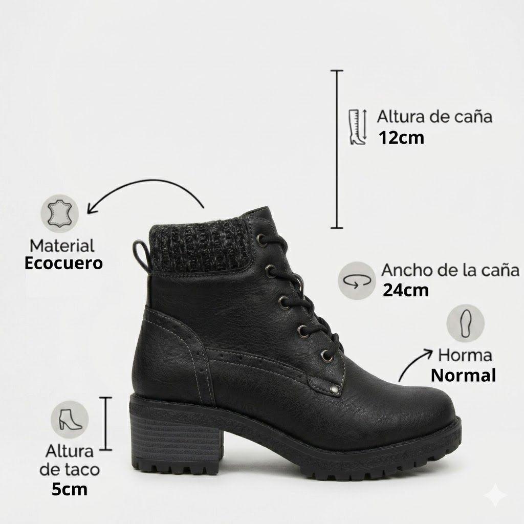 Botín Mujer Negro Cordones Suela Track Detalle Tejido-7