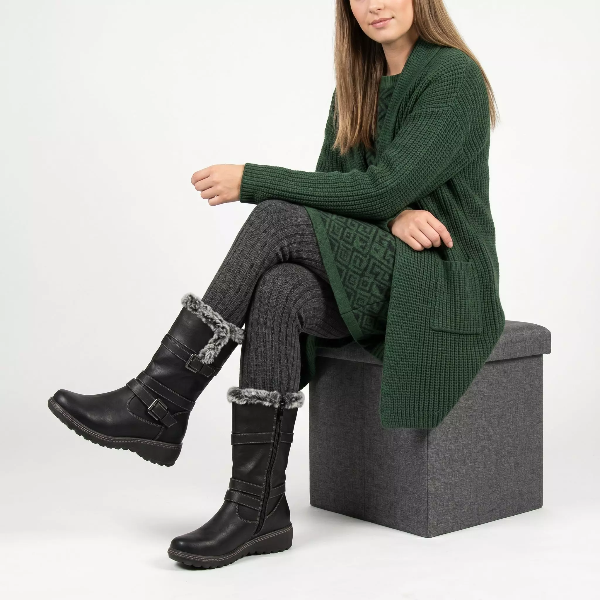 Bota Mujer Invierno Ecocuero Diseño Hebilla-3