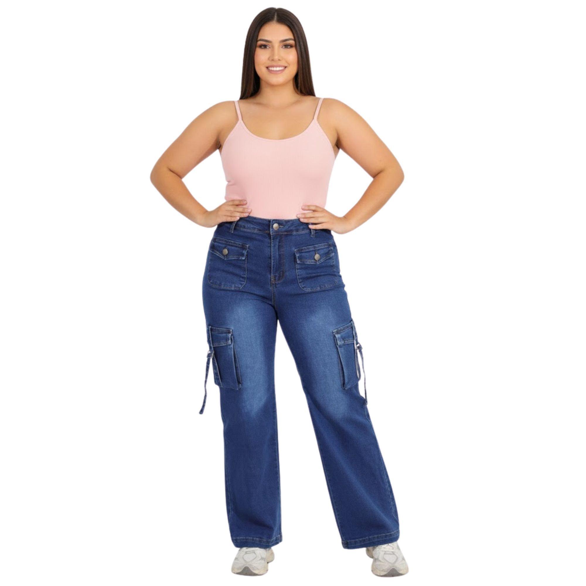 Jeans Cargo Azul Wide Leg Para Mujer Yassne-3