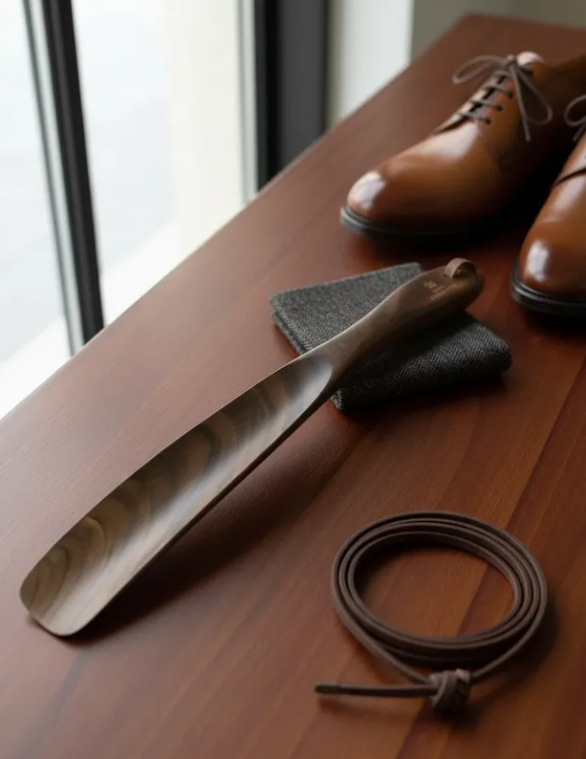 Calzador de Zapatos Largo de Madera Natural con Cordón Cuero-6