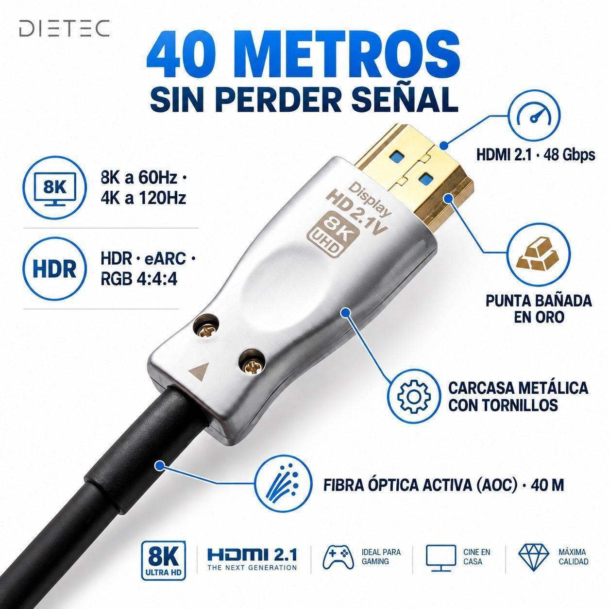 Cable HDMI 2.1 Fibra Óptica 40 Metros 8K 60Hz 4K 120Hz Dietec-4