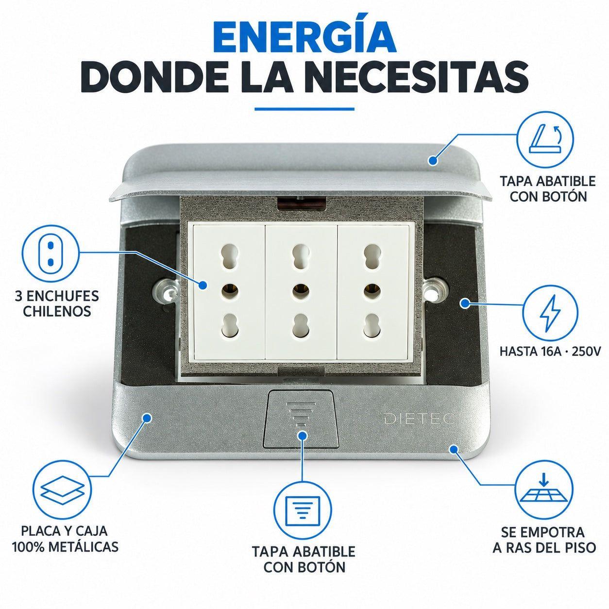 Caja Pop Up de Piso 3 Enchufes Chilenos 16A Metálica Dietec-4