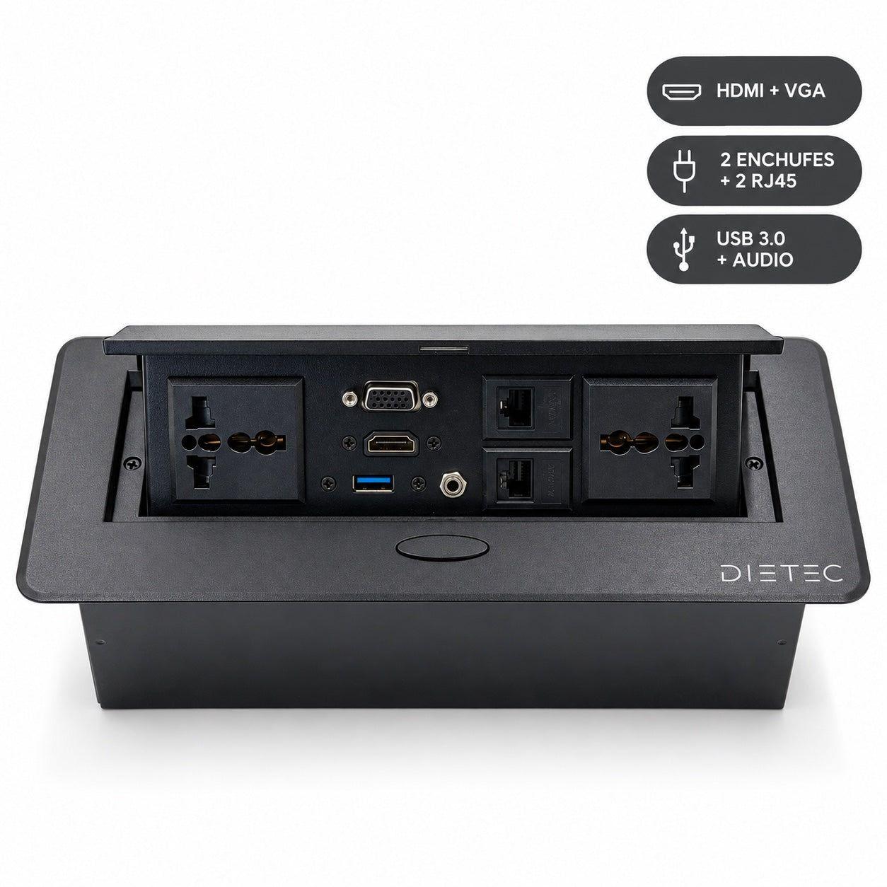 Caja de Conexión Empotrable HDMI VGA USB RJ45 2 Enchufes Dietec Negra-3
