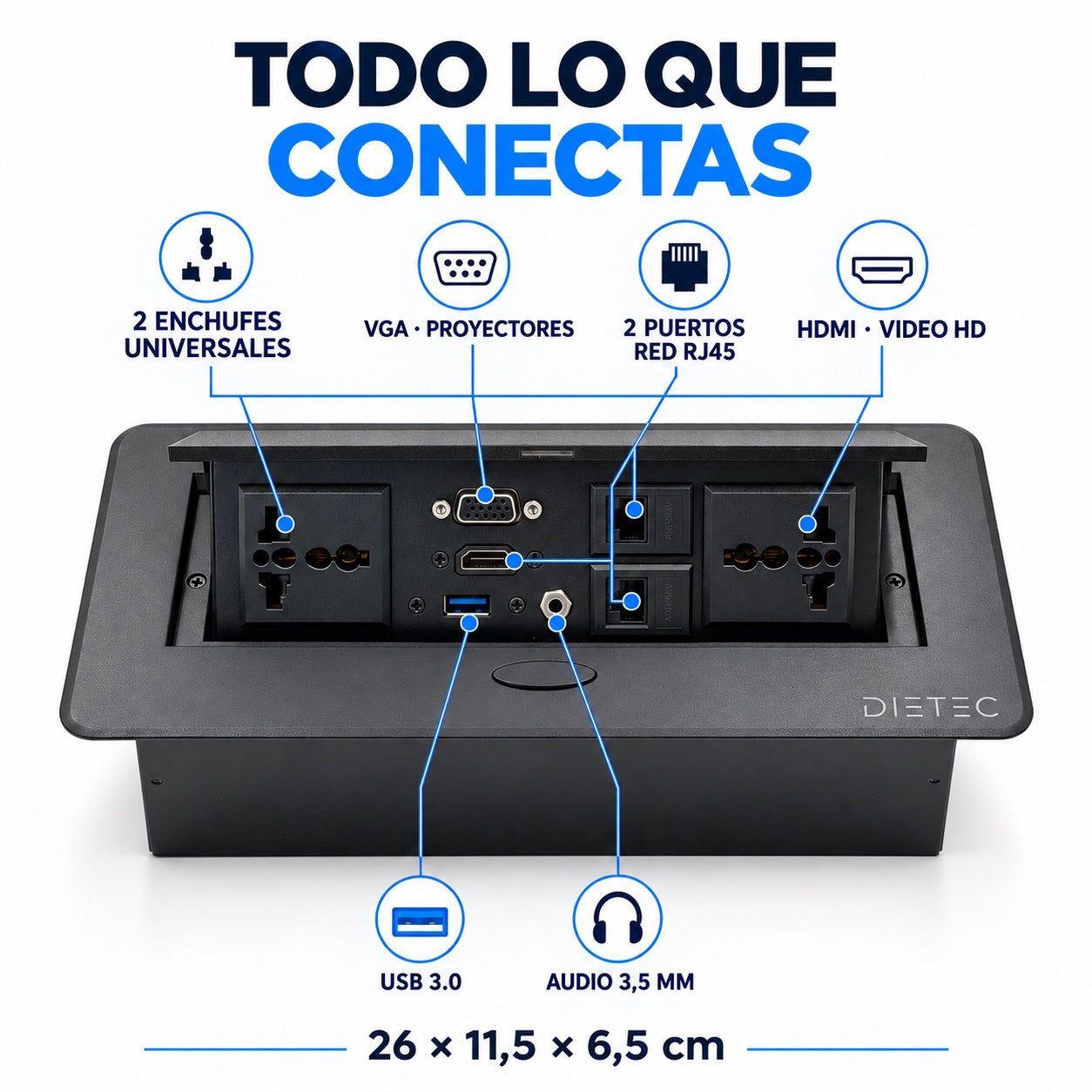 Caja de Conexión Empotrable HDMI VGA USB RJ45 2 Enchufes Dietec Negra-4