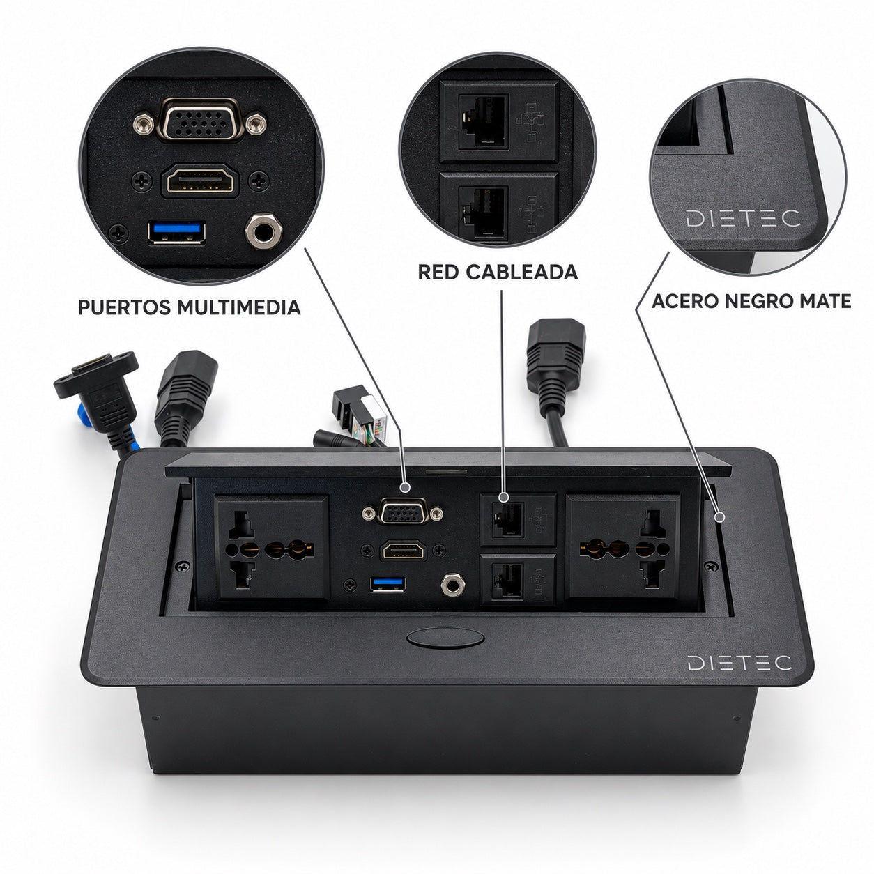 Caja de Conexión Empotrable HDMI VGA USB RJ45 2 Enchufes Dietec Negra-8