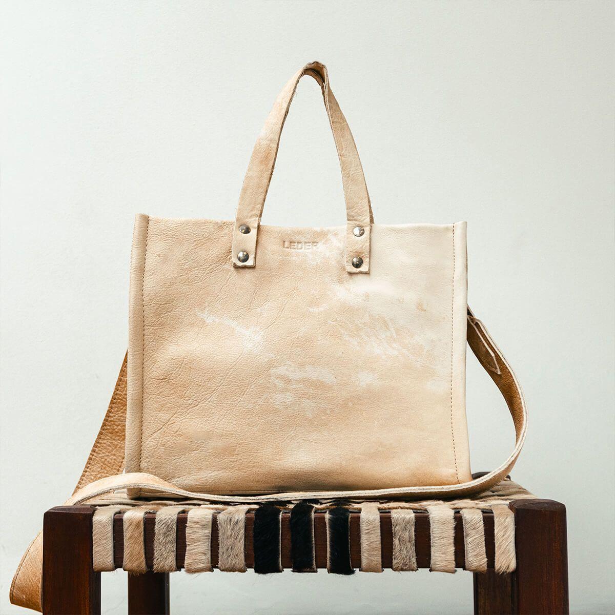 Cartera Tote M a de Cuero Vacuno Vintage Claro-0
