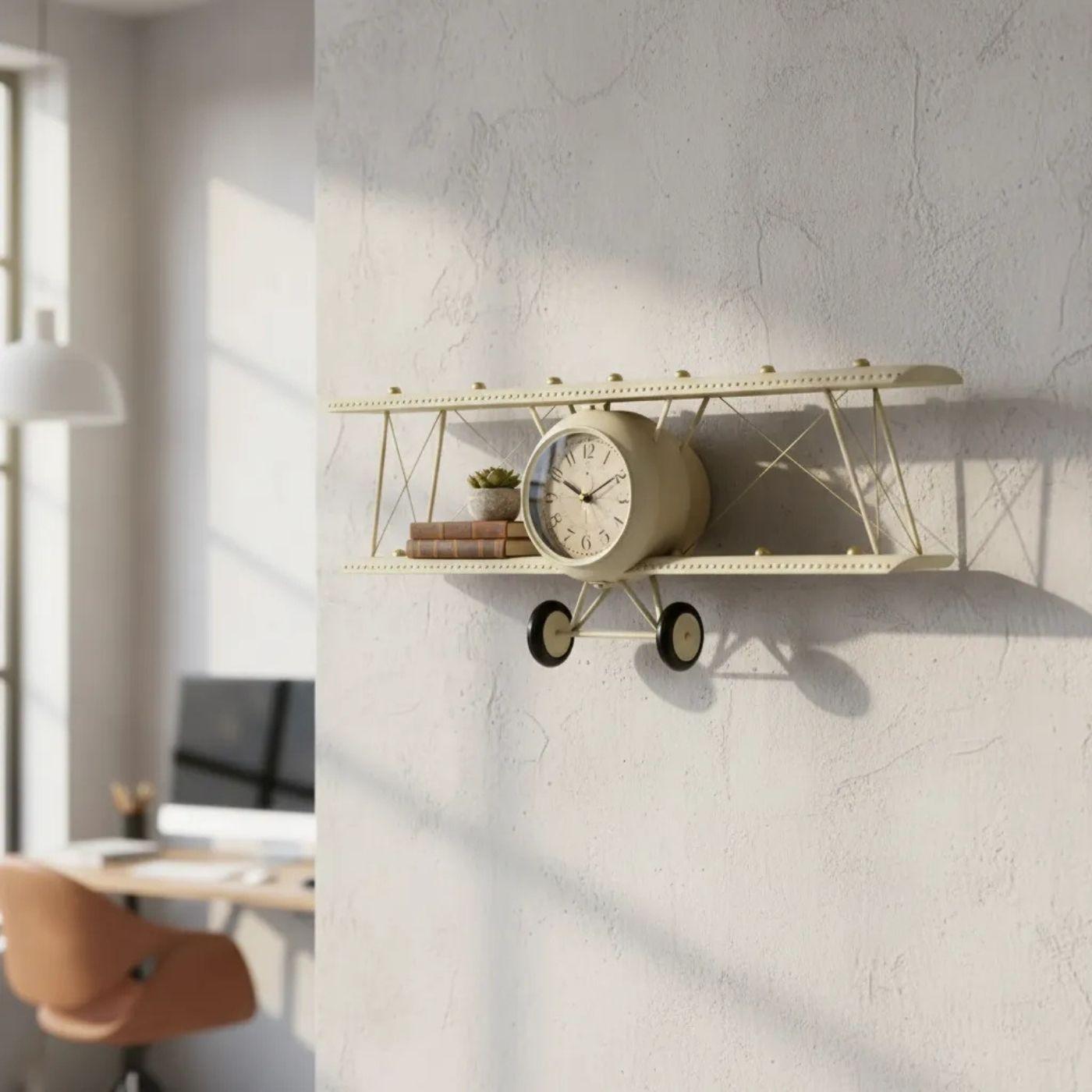 Reloj Mural De Pared Decorativo Avi n Biplano Vintage Con Repisa-3