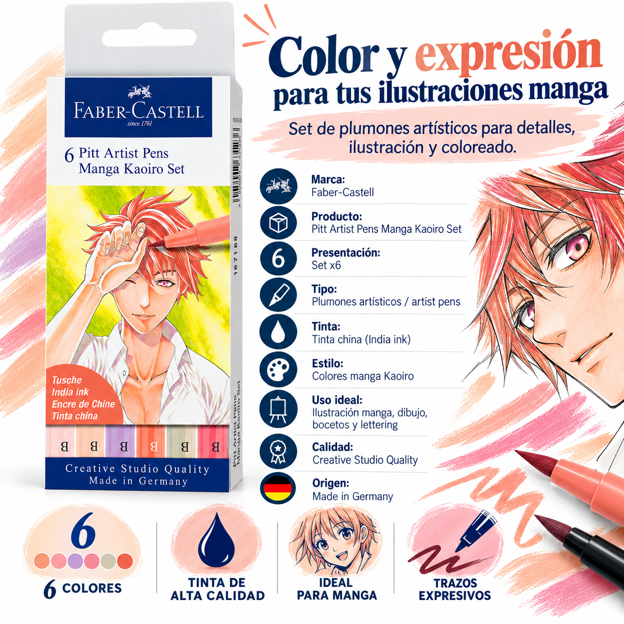 Marcador Pitt ArtistPen Manga Kaoiro Faber-Castell 6 Colores-2