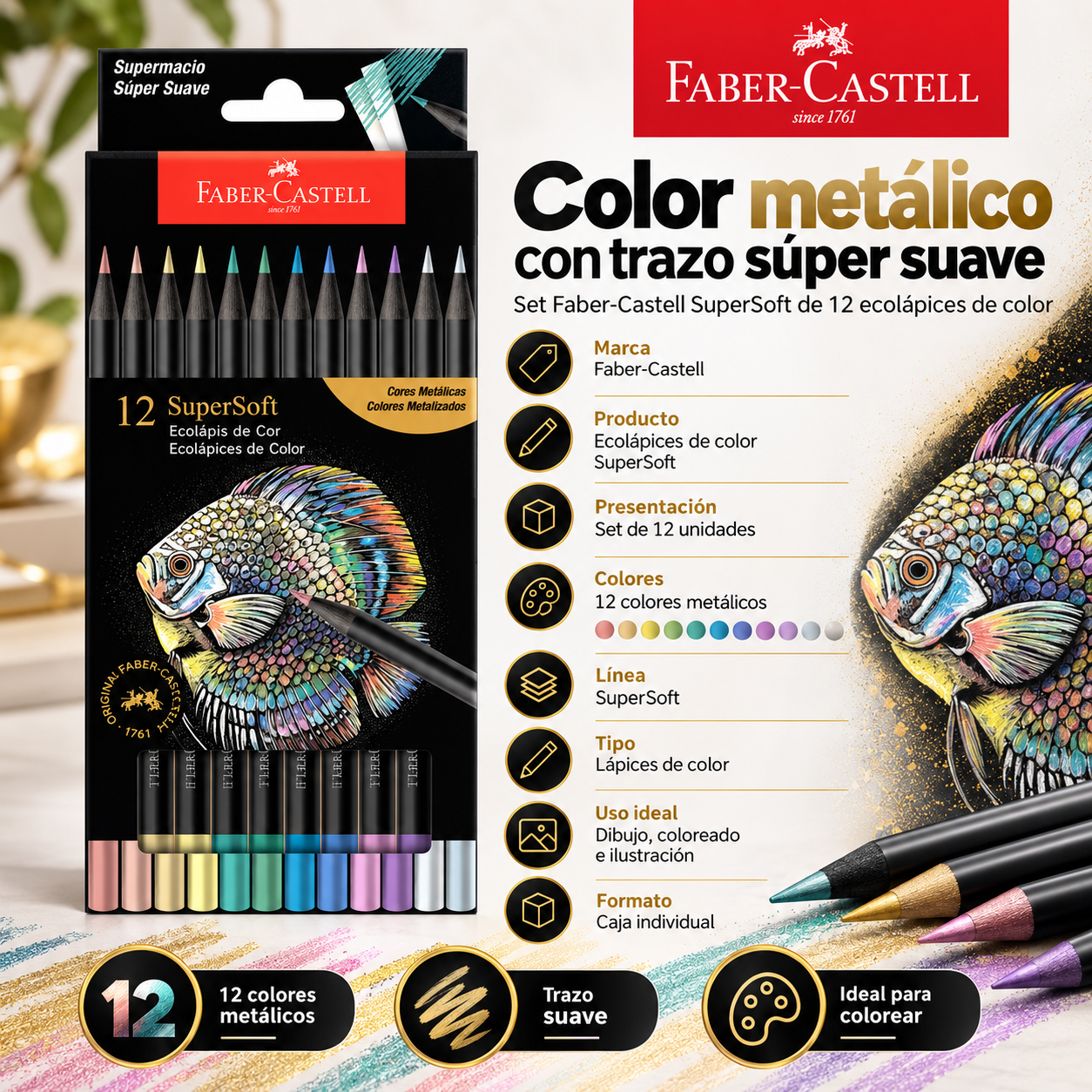 Lápices de Color Supersoft Faber-Castell x12 Metálicos-2