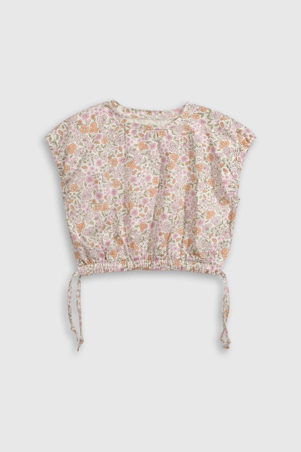 Polera Floral Morada con Cintura Recogida y Lazos-0
