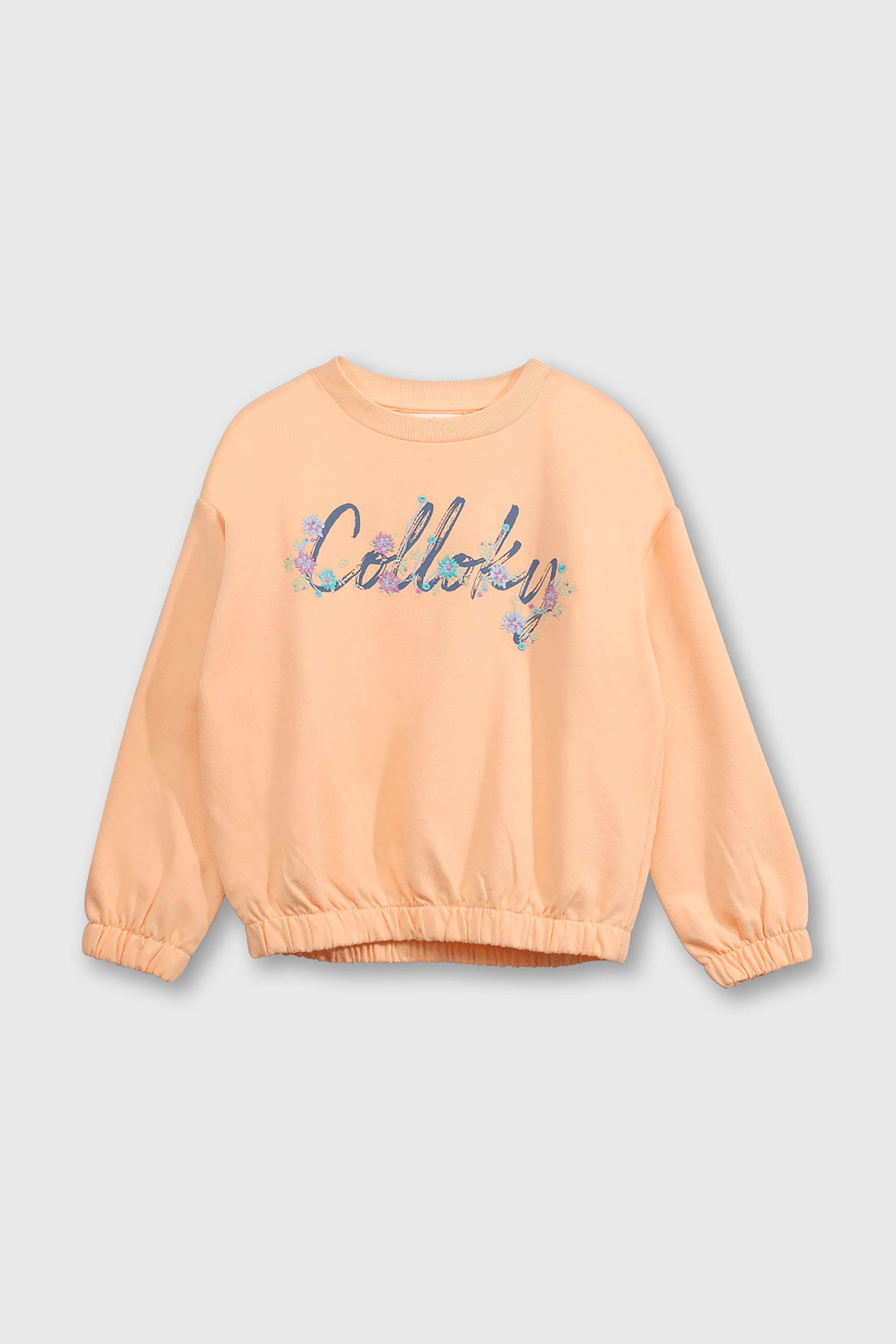 Polerón Naranjo Hombro Caído de polycotton Estampado Bordado para Niña-0