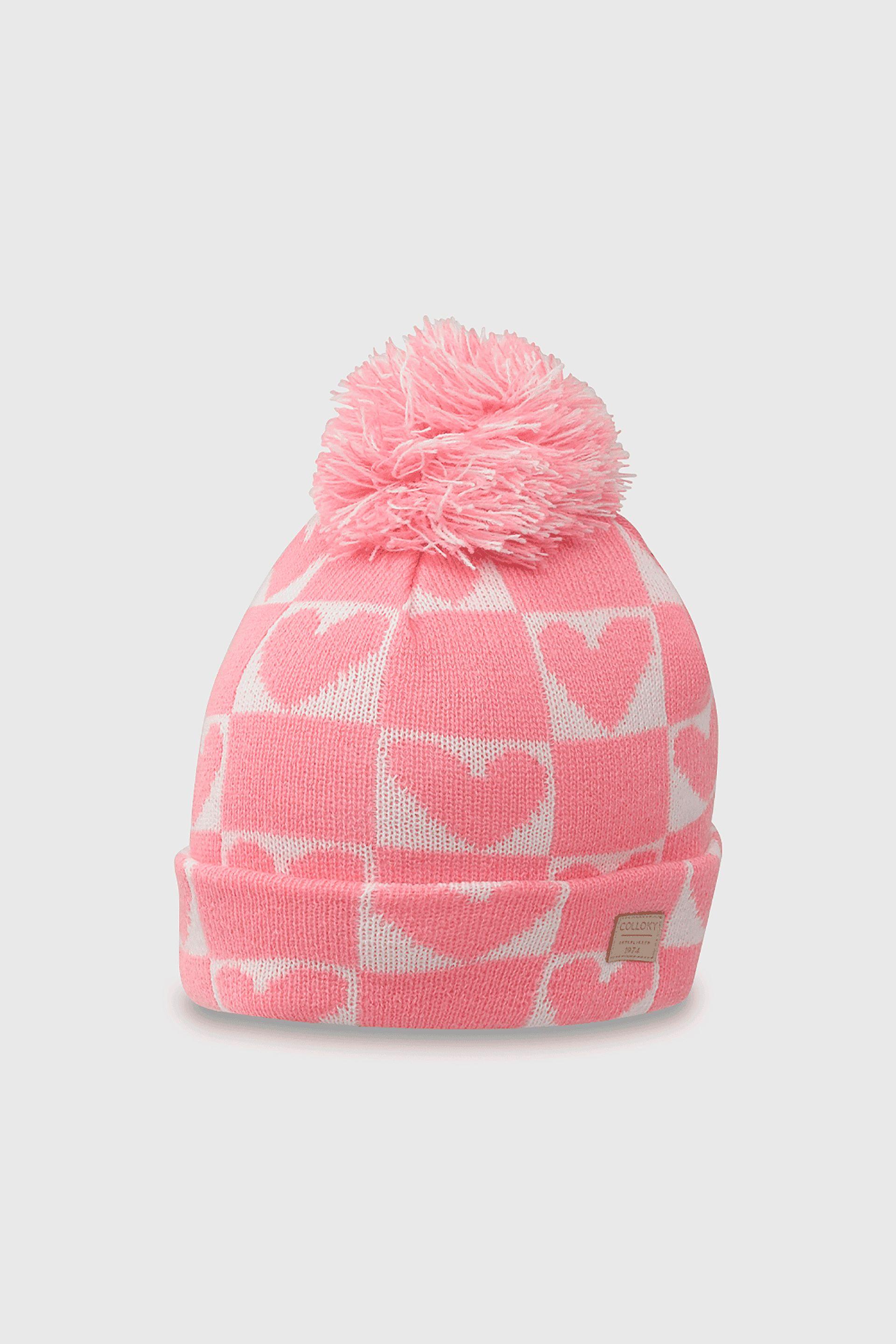 Gorro Tejido con Pompón de Corazones Rosado para Niña de 2 a 12 años-0