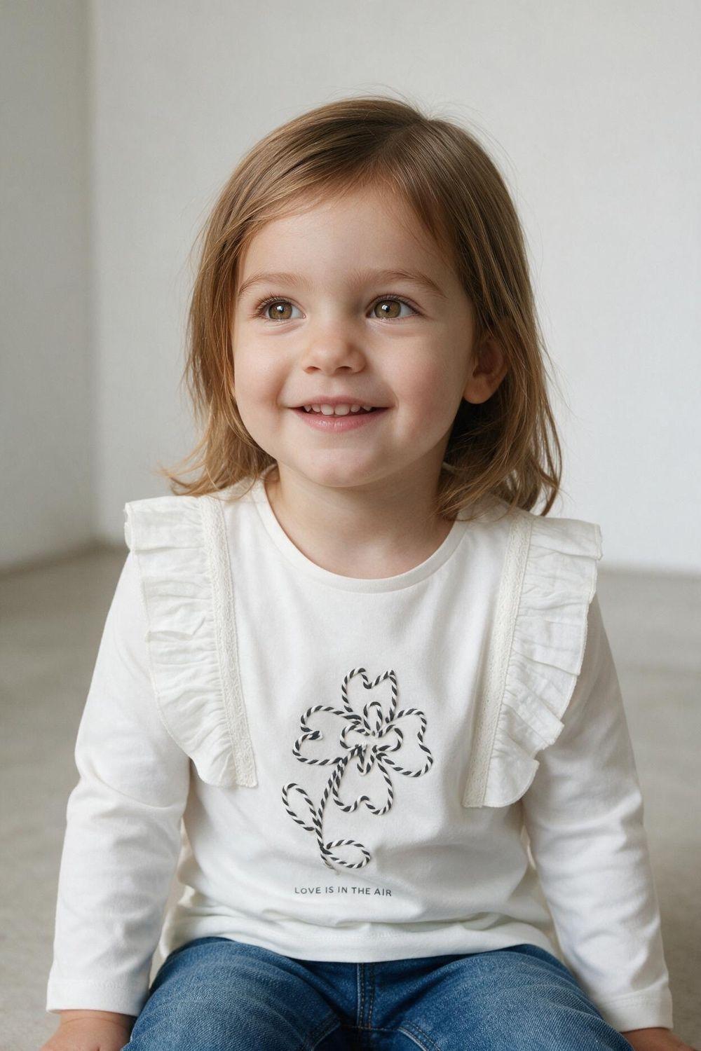 Polera manga larga vuelos niña blanco 6-9M a 4-5A-2