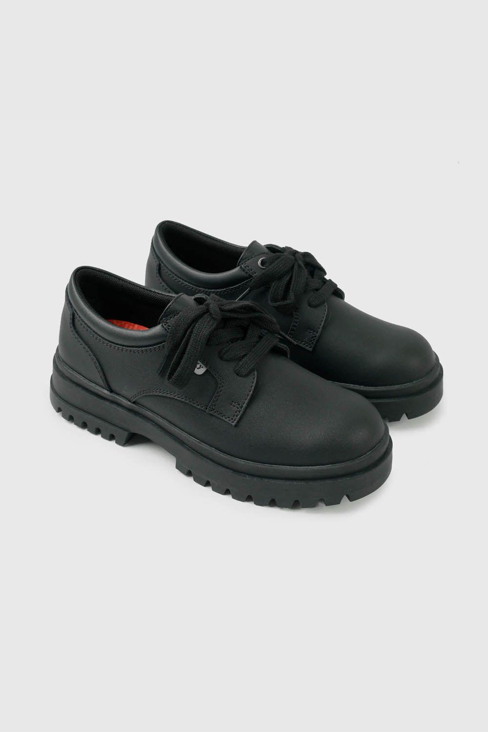 Zapato Escolar Negro de Cuero con Plataforma y Cordones Niña-0