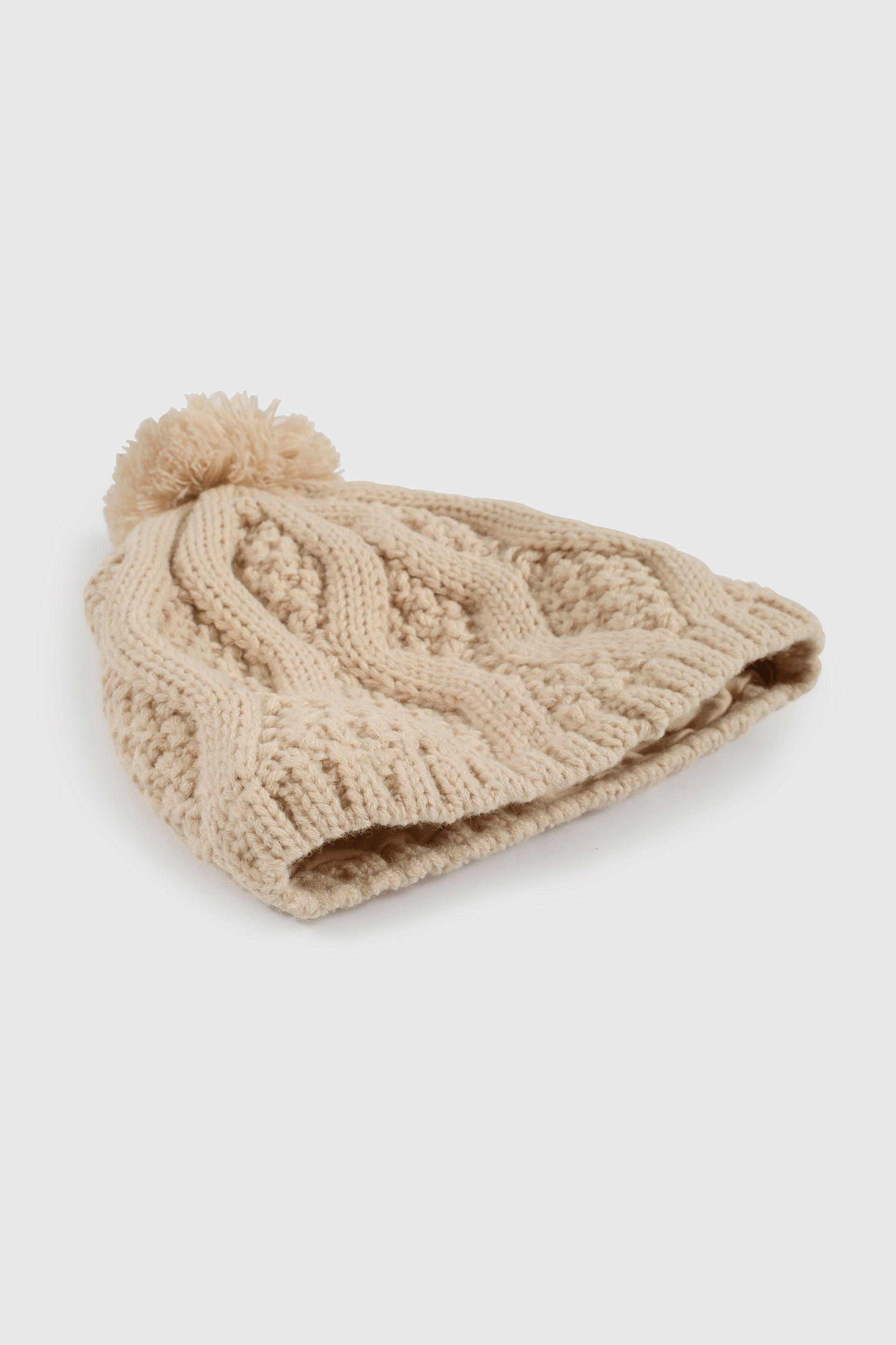 Gorro Tejido Trenzado con Forro Beige-2