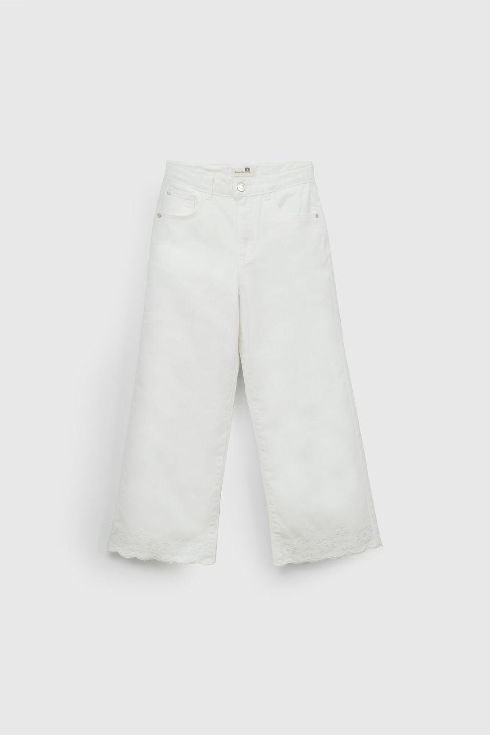 Pantalón Blanco Ancho Bordado  De Niña PTGB0278V26-0