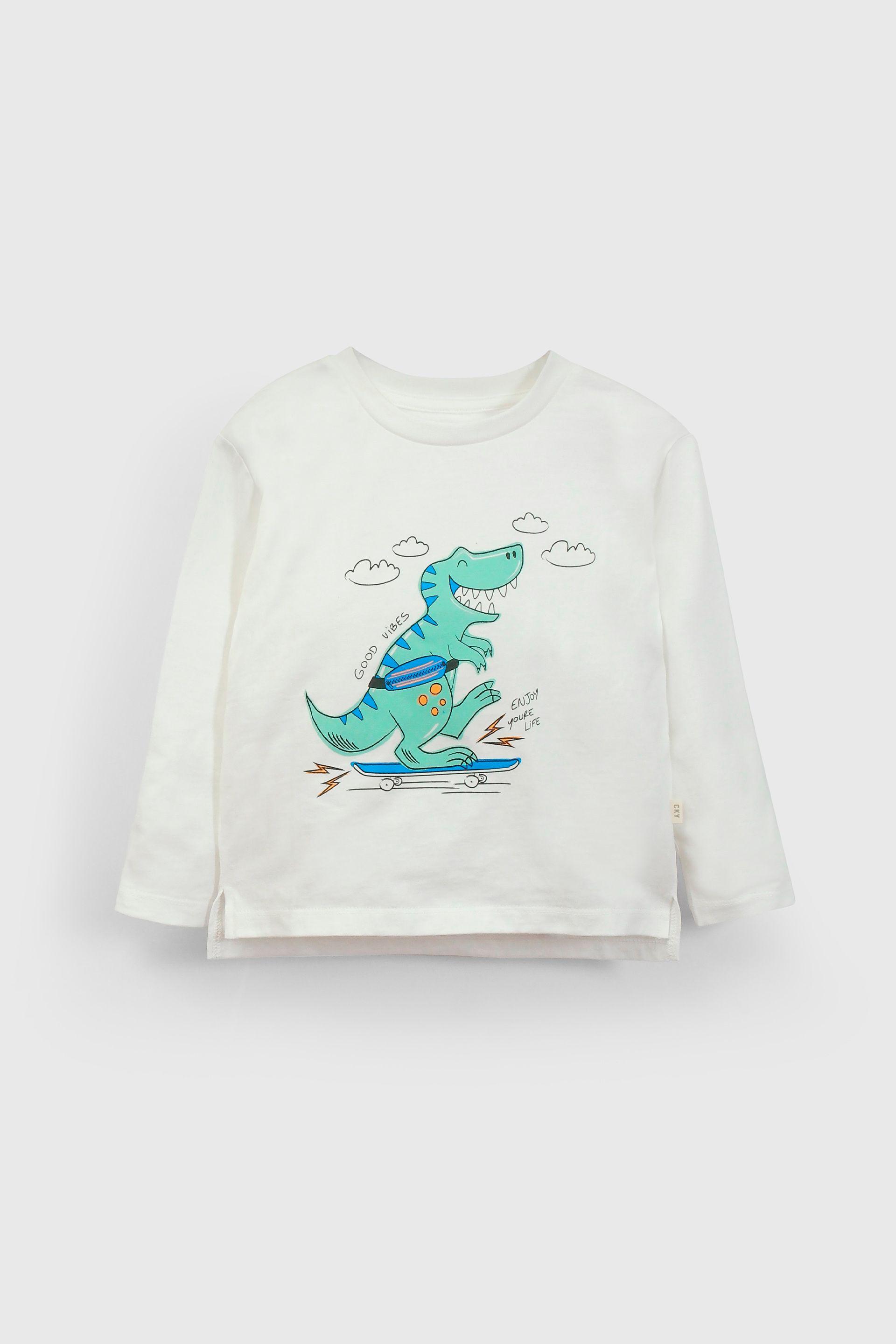 Polera Blanca Manga Larga Estampa de Dinosaurio para niño-0