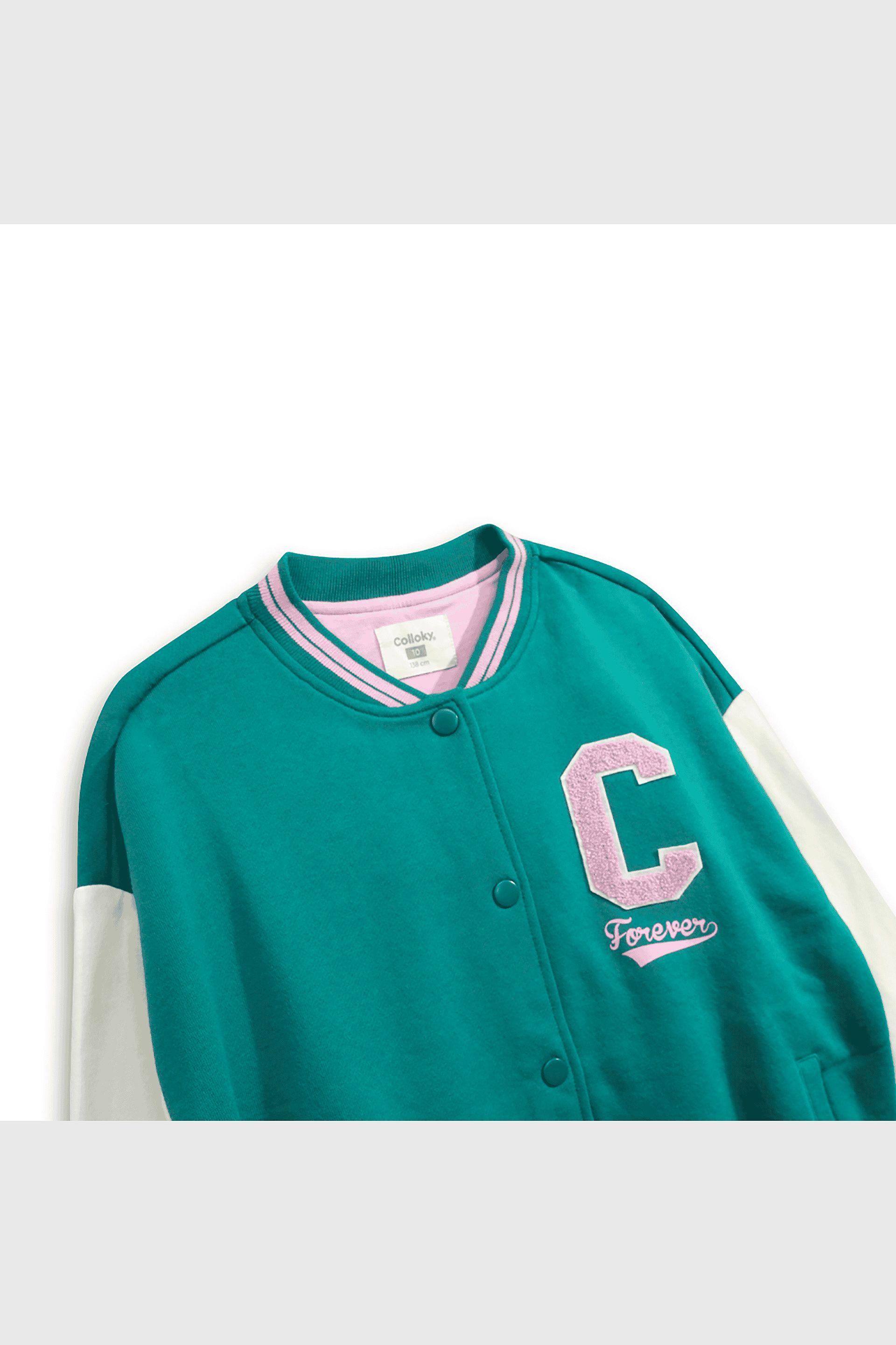 Chaqueta Polerón Estilo Varsity Bomber Verde para Niña de 3 a 12 años-2