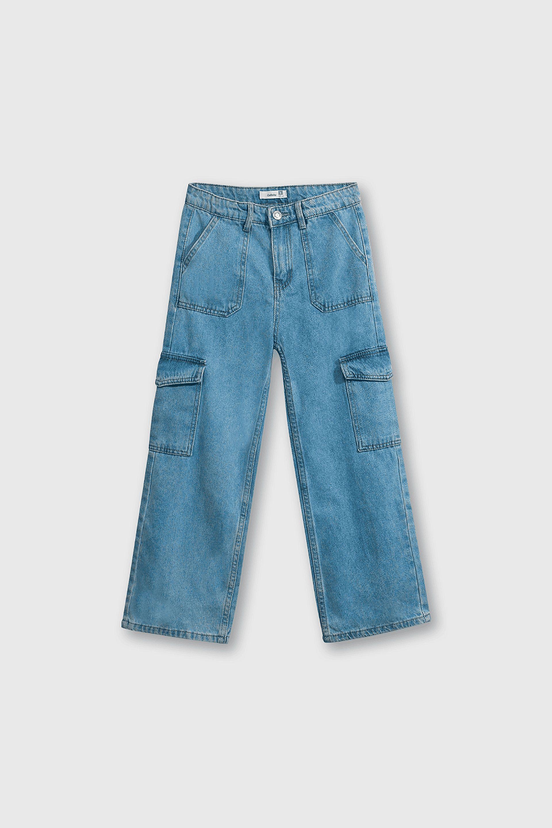 Jeans Denim Cargo Azul Elasticado con Cierre para Niña de 3 a 12 años-0