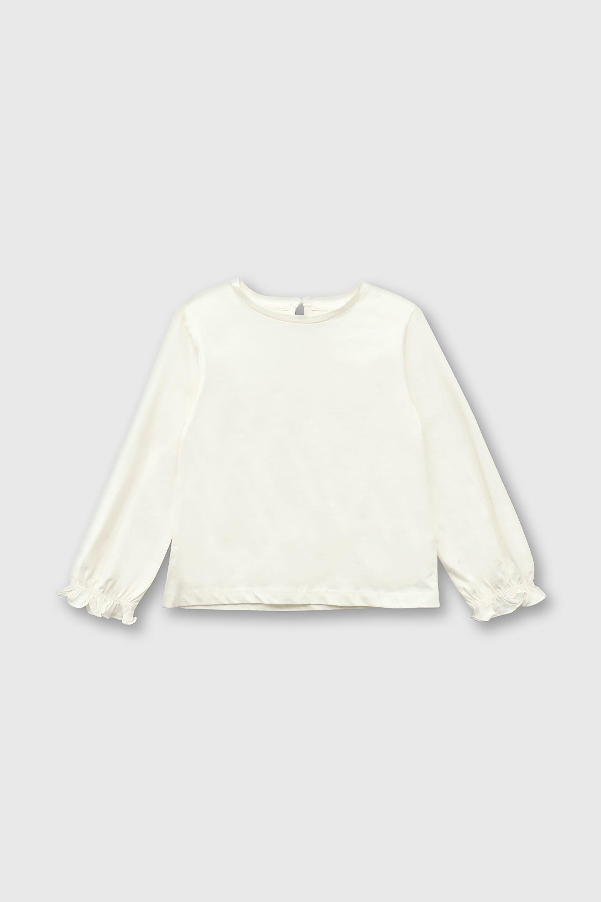 Polera de Algodón Blanca Manga Larga con Elástico en Puño-0
