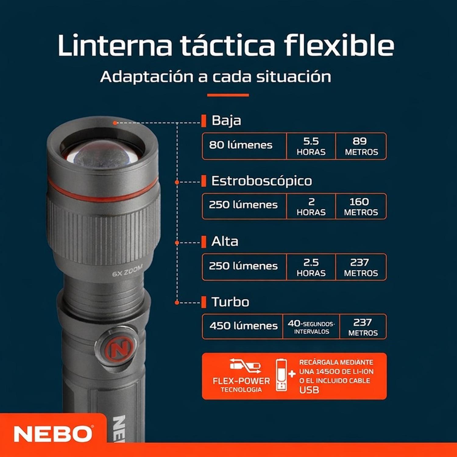 Linterna Táctica Recargable / Pilas Nebo Redline 450 Lúmenes-3