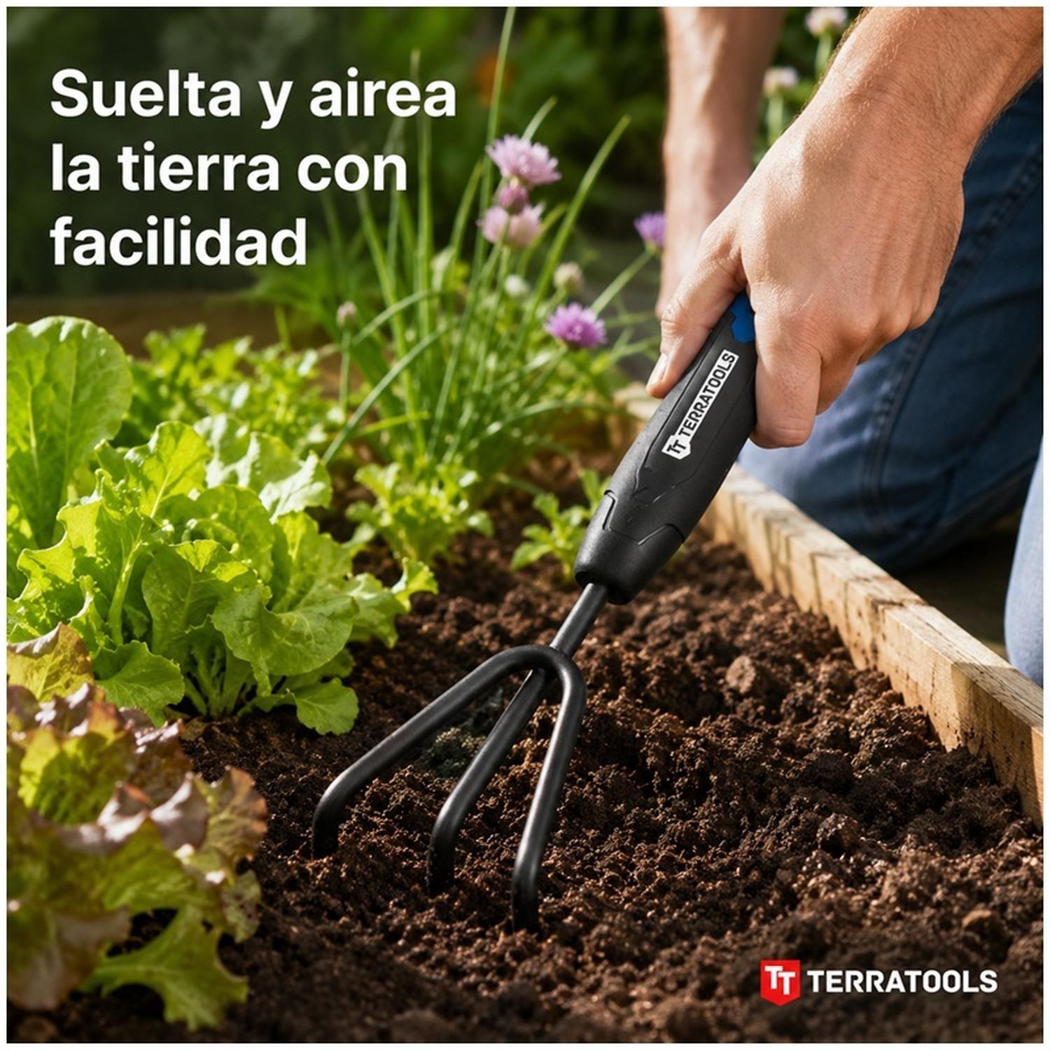 Cultivador De Mano TerraTools 3 Puntas Acero Para Jardín-1