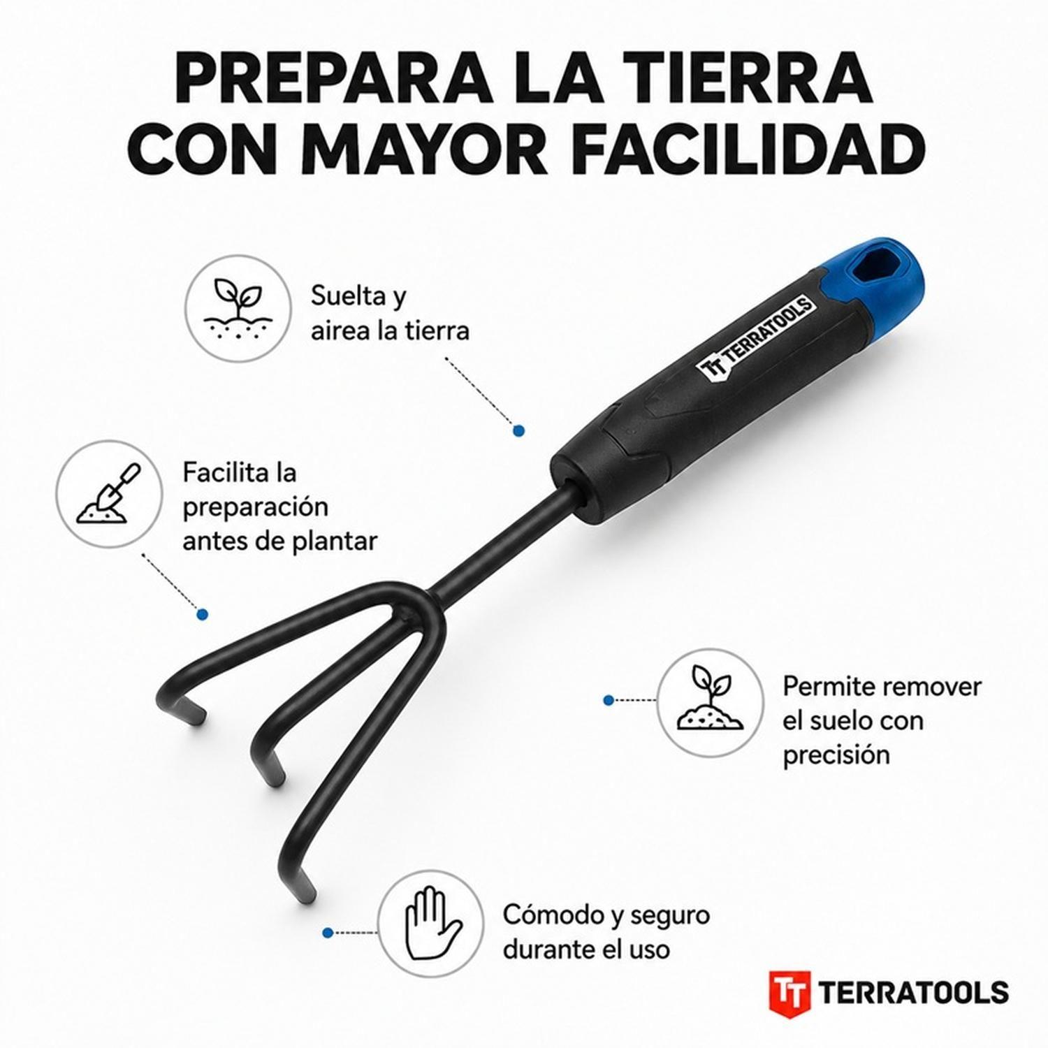Cultivador De Mano TerraTools 3 Puntas Acero Para Jardín-3