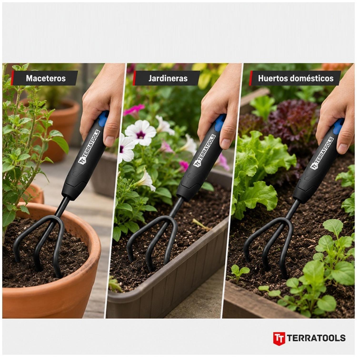 Cultivador De Mano TerraTools 3 Puntas Acero Para Jardín-4