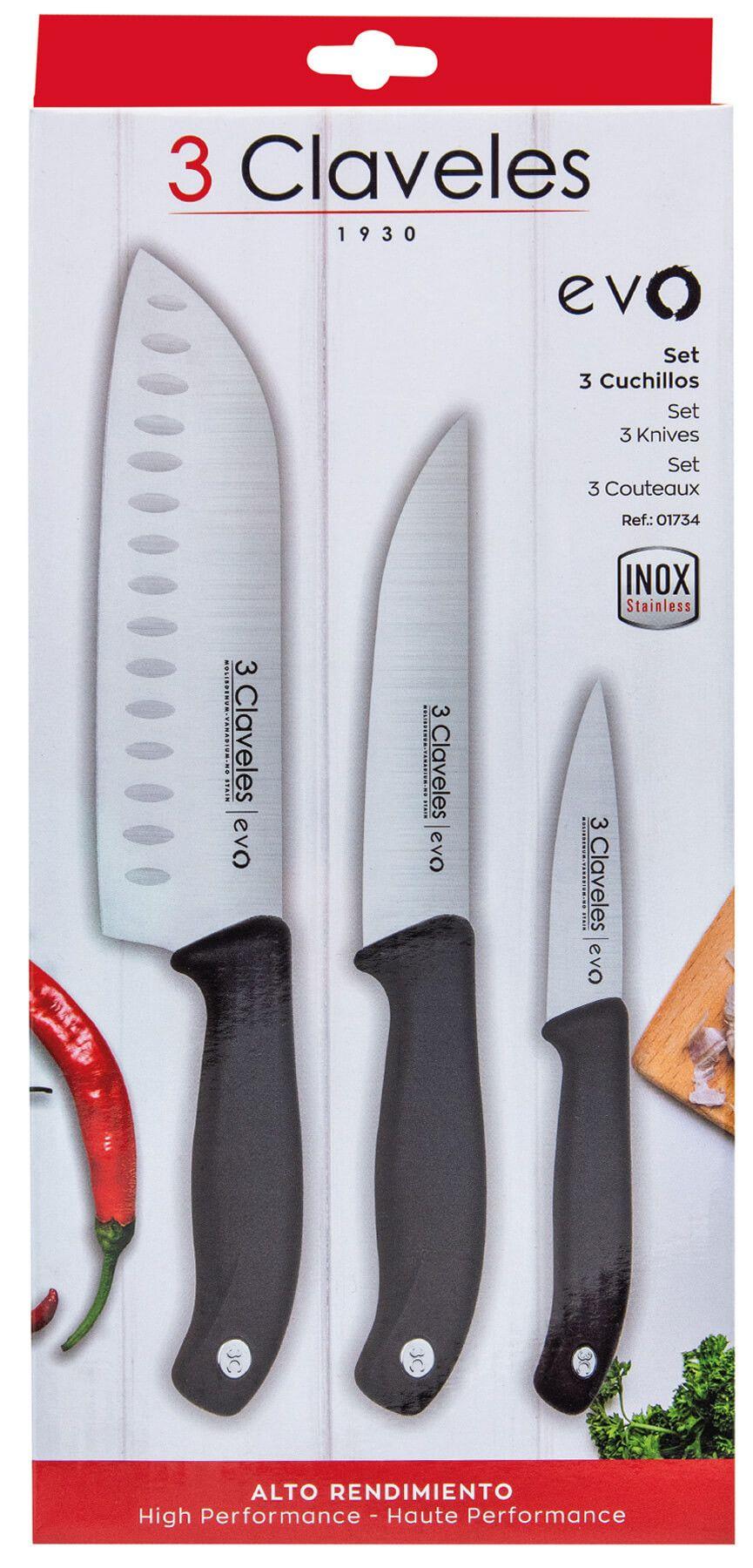 Cuchillos Tres Claveles N1734 Evo Set 3 Acero Inoxidable Alveolados Negro-5