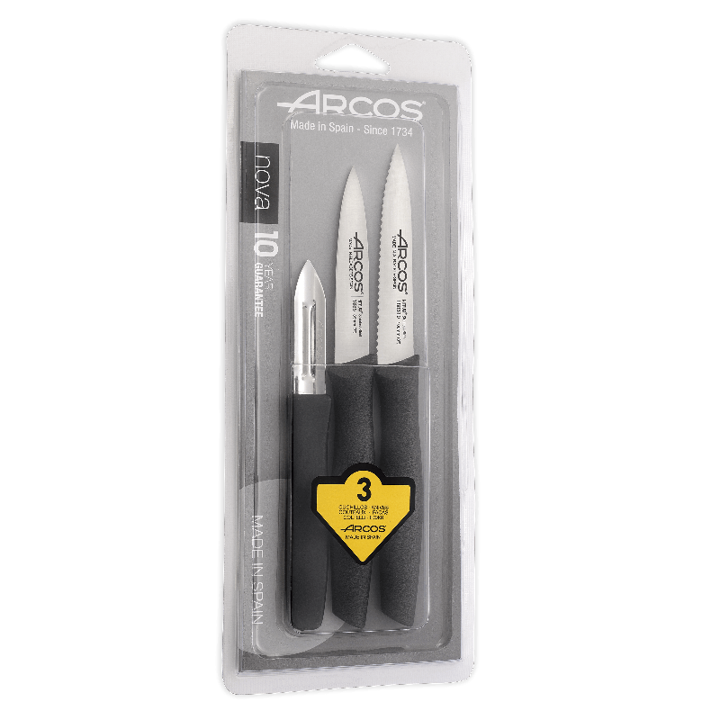 Juego De Cuchillos Mondadores Pelador Arcos Nova 3 Piezas Acero Inoxidable Negro-1