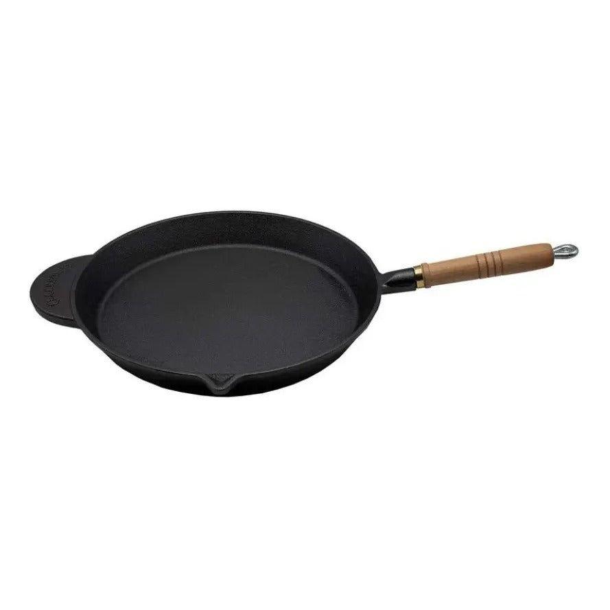 Sartén Hierro Fundido Con Vaciador Y Mango De Madera 30 Cms Negro-0