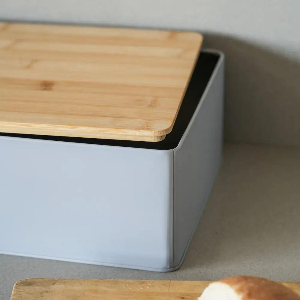 Panera Metal Gris Claro Con Tapa De Madera 30x22 Cm Day Liso-3