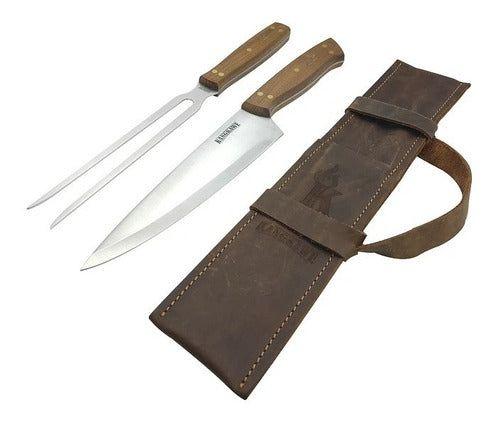 Set Parrillero Cuchillo Tenedor Con Estuche Cuero-5