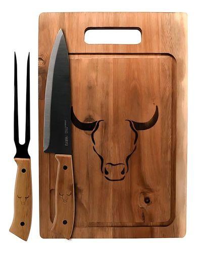 Set Parrillero Tabla + Cuchillo Y Pincho Wayu Asado Parrilla Color Café-0