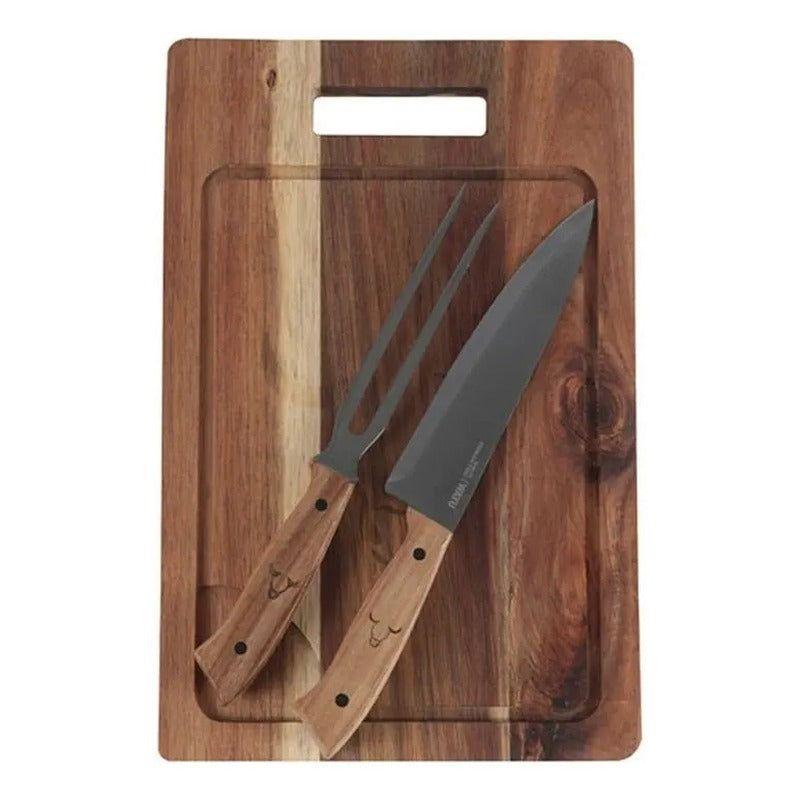 Set Parrillero Tabla + Cuchillo Y Pincho Wayu Asado Parrilla Color Café-1