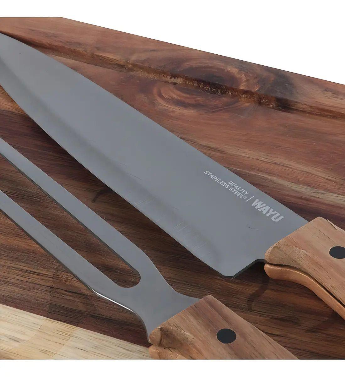 Set Parrillero Tabla + Cuchillo Y Pincho Wayu Asado Parrilla Color Café-3