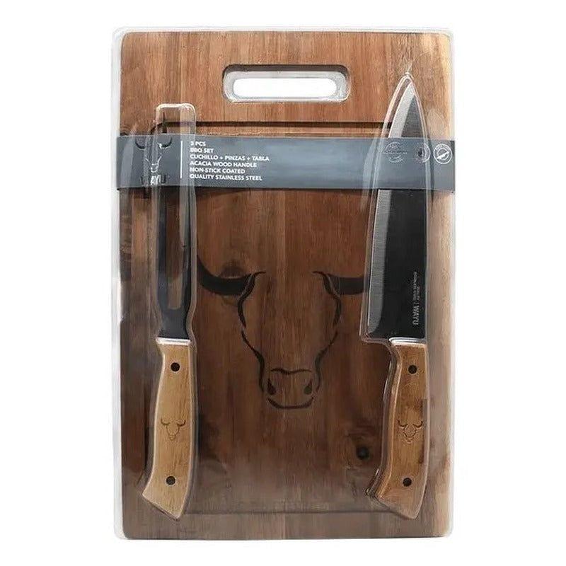 Set Parrillero Tabla + Cuchillo Y Pincho Wayu Asado Parrilla Color Café-5