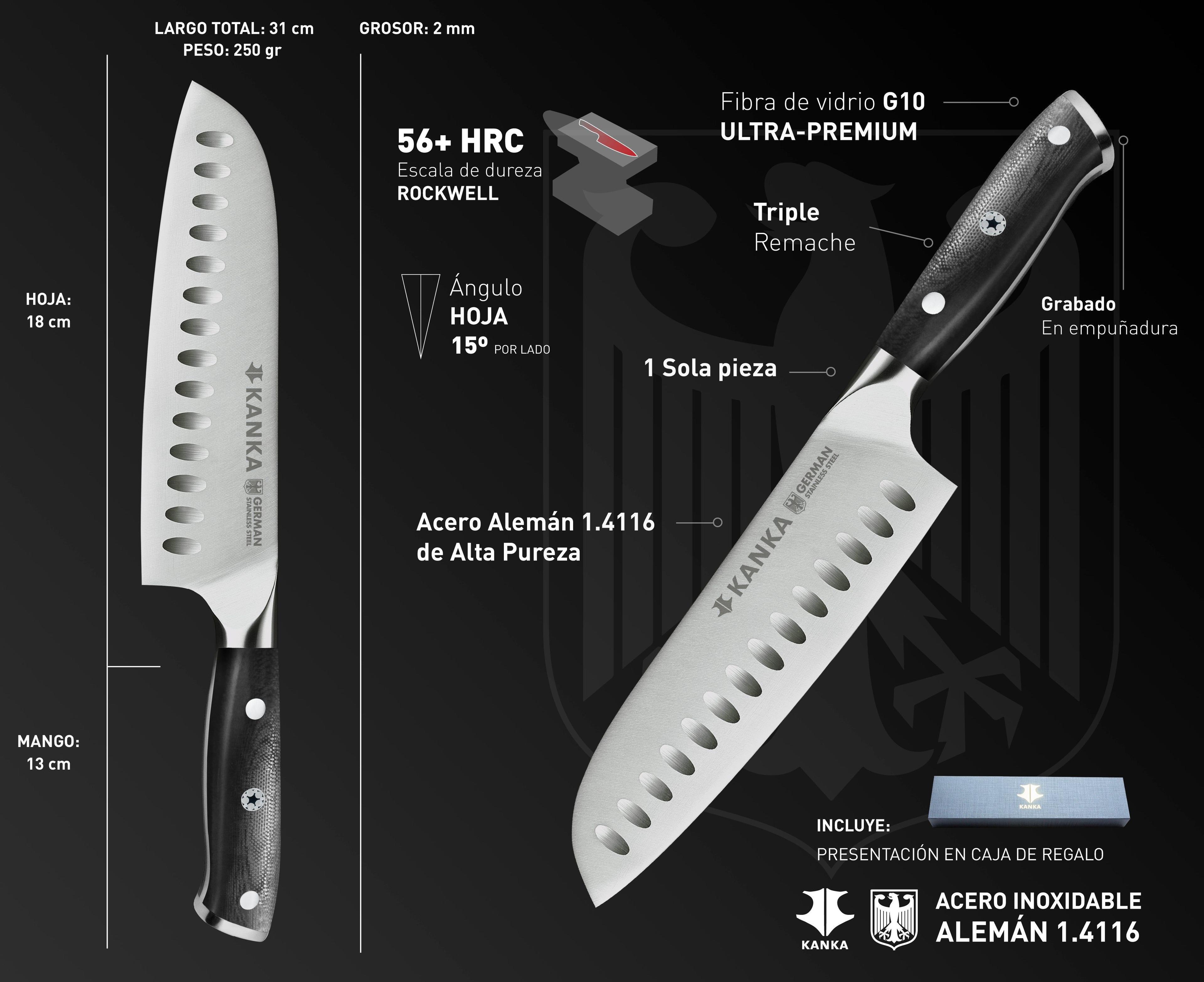 Cuchillo Acero Alemán Kanka Santoku Premium Negro-7