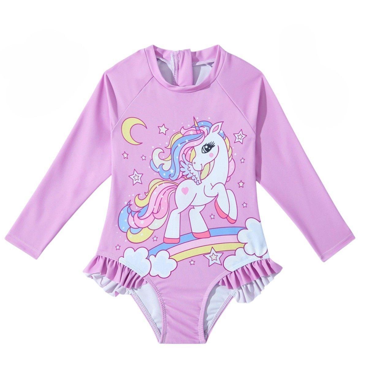 Traje de Baño Niña Manga Larga Unicornio Pastel con Protección UV-0