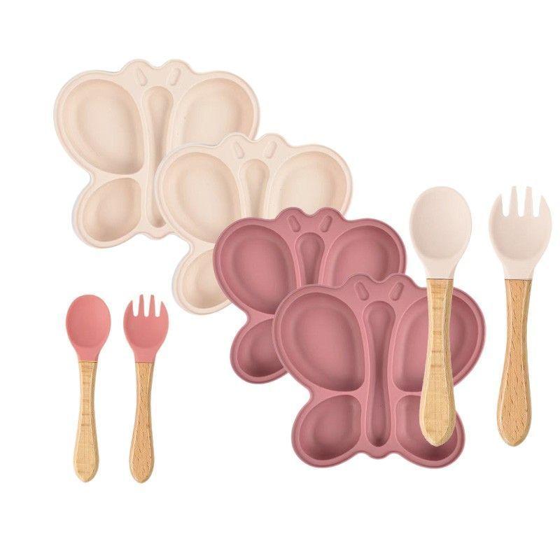 Set Plato de Silicona Mariposa con Cuchara y Tenedor para Bebé-2