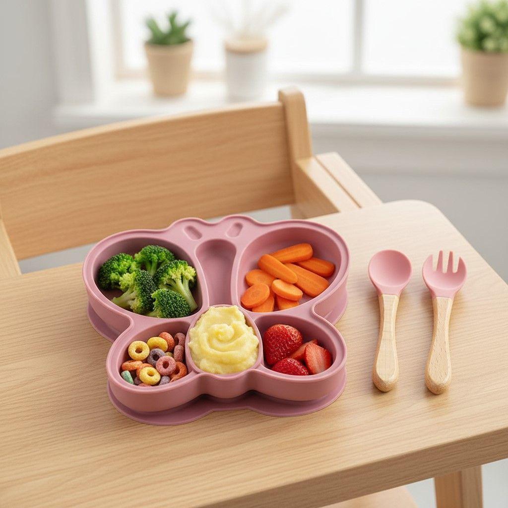 Set Plato de Silicona Mariposa con Cuchara y Tenedor para Bebé-4