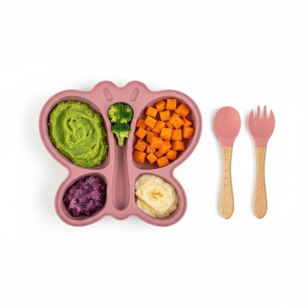 Set Plato de Silicona Mariposa con Cuchara y Tenedor para Bebé-5