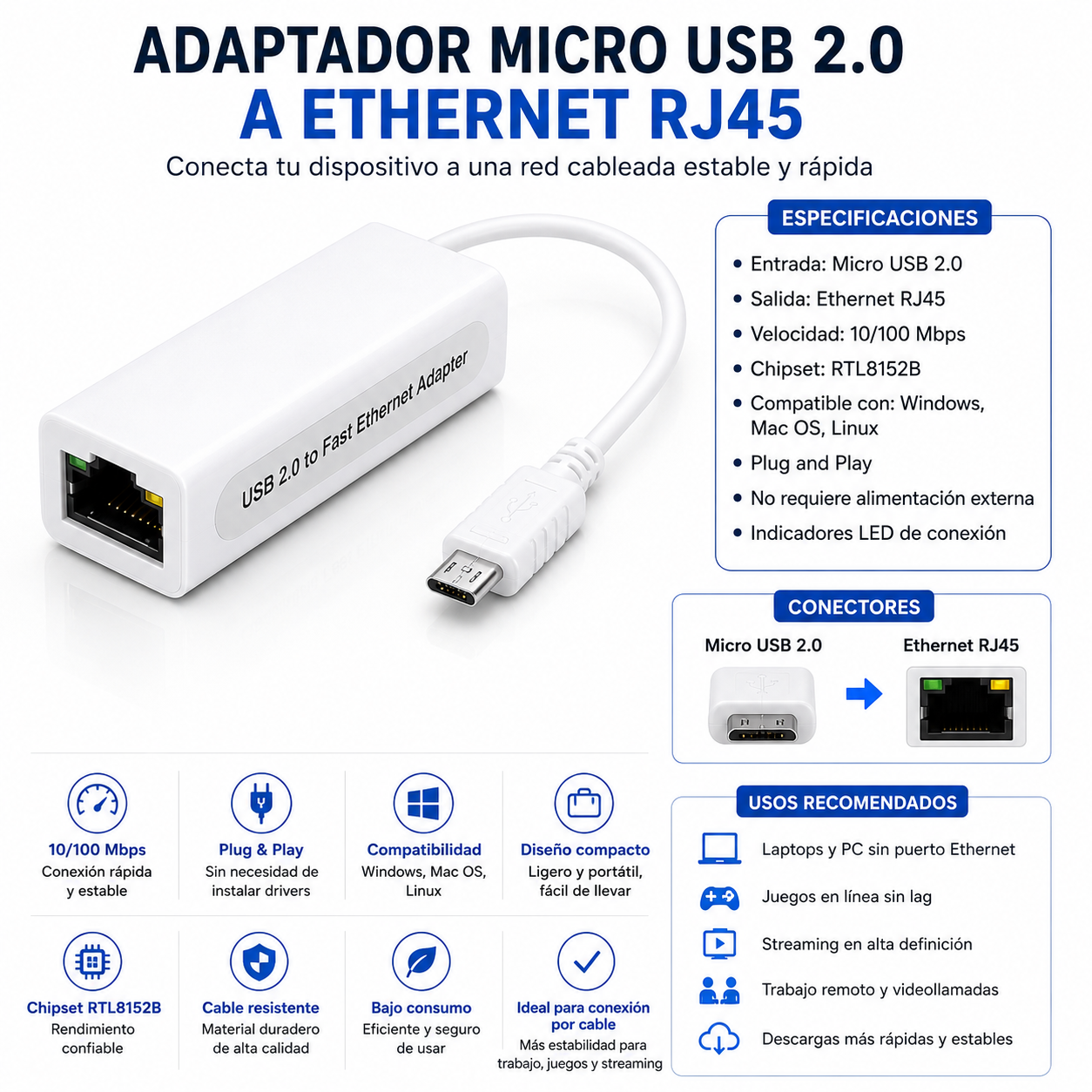 Adaptador Ethernet RJ45 a Micro USB Puerto Adapter-2