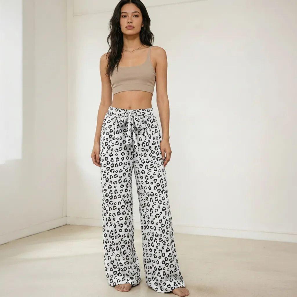 Pantal n Palazzo Lino Verano Animal Print Tiro Alto Wide Leg Pretina Elasticada-1