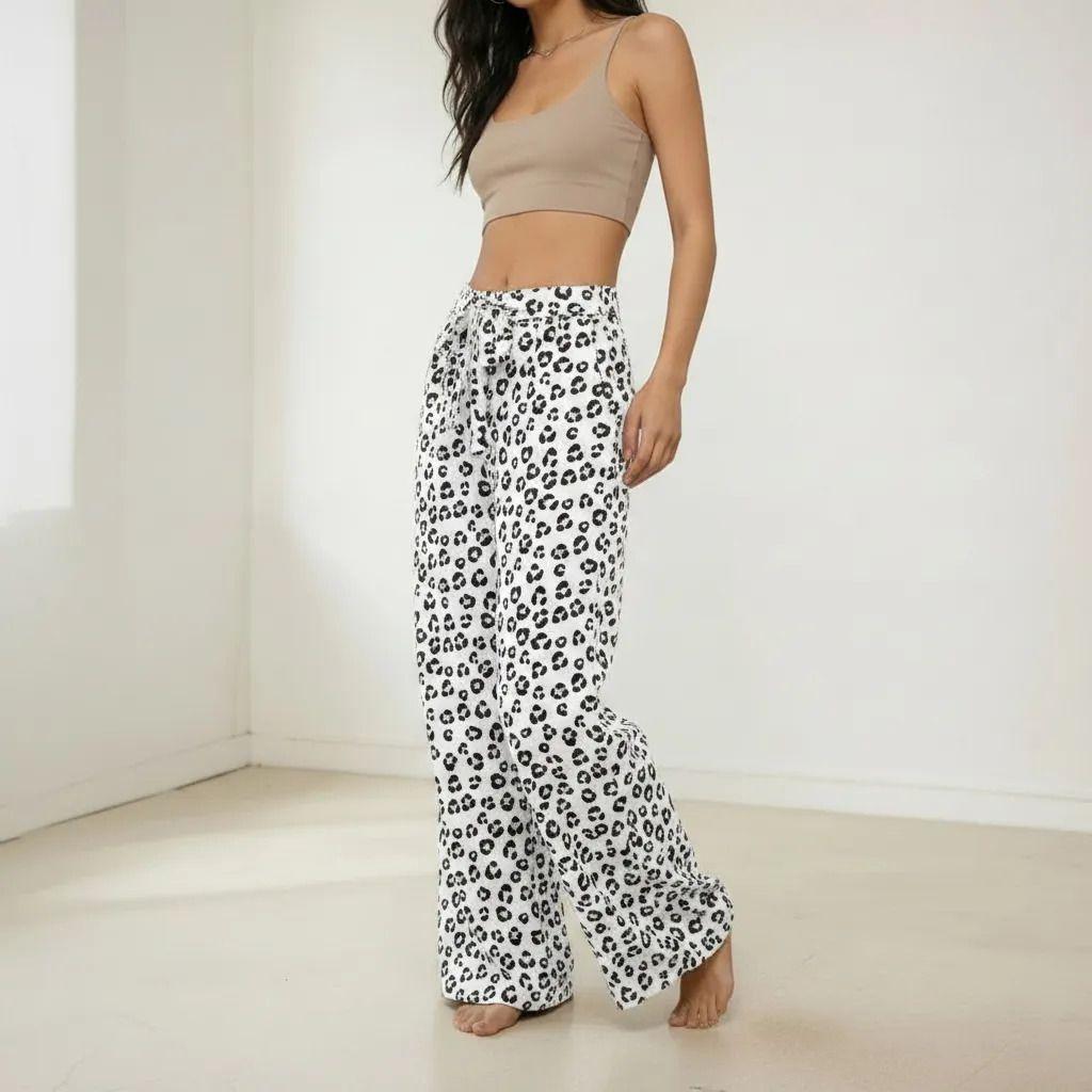 Pantal n Palazzo Lino Verano Animal Print Tiro Alto Wide Leg Pretina Elasticada-2